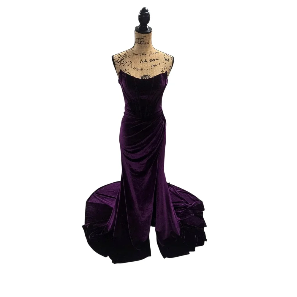 purple velvet mermaid dress Long Sleeves Purple Velvet Mermaid Elegant Long Formal Bridesmaid Dres   bridalsew